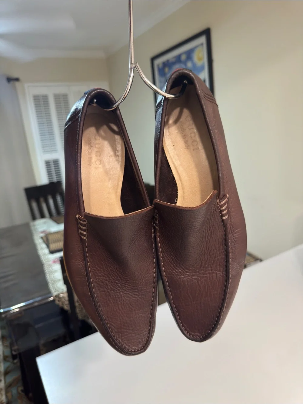 Gucci Mens Brown Pebbled Leather Loafers Web Stripe Heel Driver Shoes Size 10.5